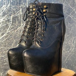 Jeffrey Campbell Damsel black leather wedge boots